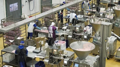 People working at meat processing plant for production of sausages Stock-Footage 122588093