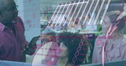 People working in office with coding and data processing image over them Foto stock