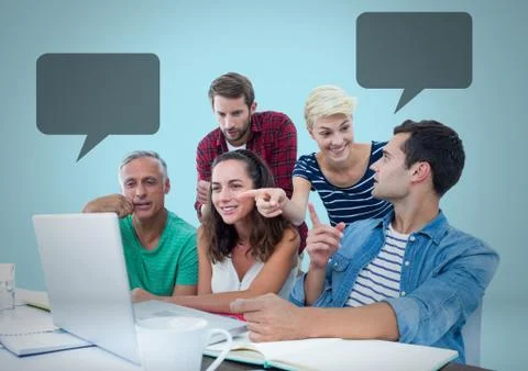 People working in office with empty chat bubbles 스톡 사진