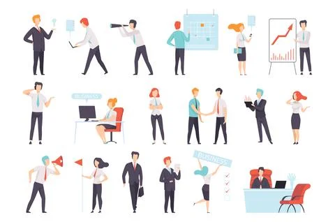 People working in office set. Men and women taking part in business meeting Illustrazione stock