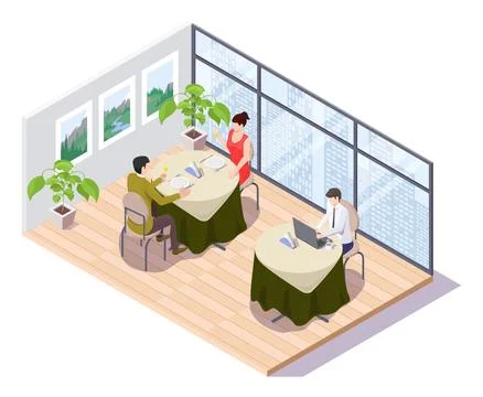 People working online at cafe using laptop vector Stock Illustration
