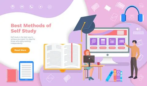 People working with online courses program for learning. Best methods of self Illustrazione stock