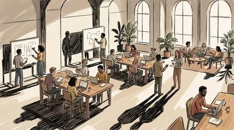 People working in an open-plan office space with natural light Stock Illustration