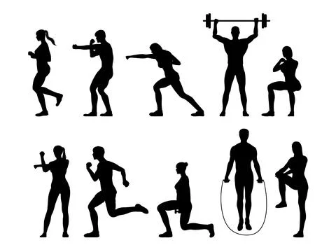 People working out silhouette set for gym fitness concept. Stock Illustration