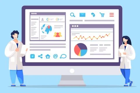 People Working with Pc Researching Website Vector Illustrazione stock