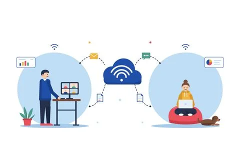 People Working Remotely Connected By Cloud Technology Illustrazione stock