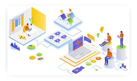 People working remotely from home, flat vector isometric illustration. Home Stock Illustration