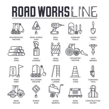 People working on robots assembly line vector outline icons. Robotic production Stock Illustration