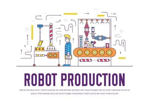 People working on robots assembly line vector outline concept. Robotic Stock Illustration