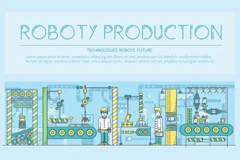 People working on robots assembly line vector outline concept. Robotic Stock Illustration