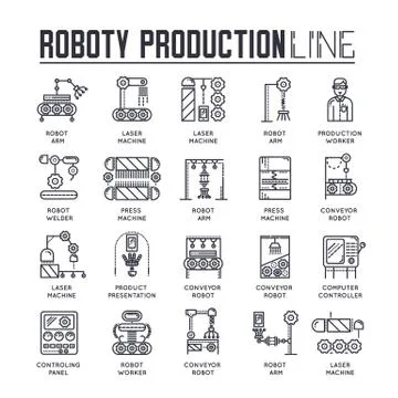 People working on robots assembly line vector outline icons. Robotic production Stock Illustration