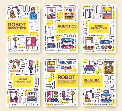 People working on robots assembly thin line set. Robotic production  linea 스톡 일러스트