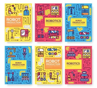People working on robots assembly thin line set. Robotic production  linea Stock Illustration