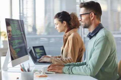 People working on software project Stockfoto's