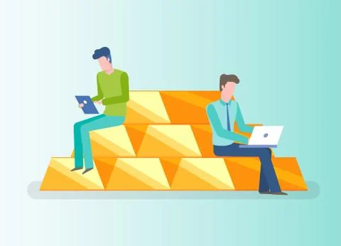 People Working with Stats, Gold Bars Investment Stock Illustration