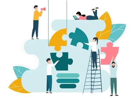 People working together to complete puzzle pieces Stock Illustration