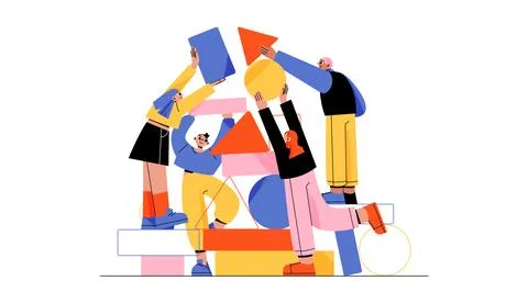 People working together set up abstract shapes Stock Illustration