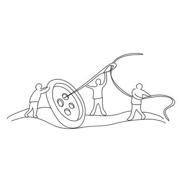 People working together to sew large button and fabric Stock Illustration