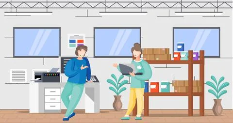 People working in typography at print to printer are communicating. Employees Stock Illustration