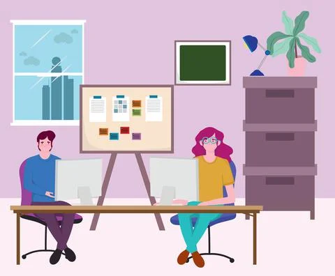 People working using computer and board presentation meeting in the offfice Stock Illustration