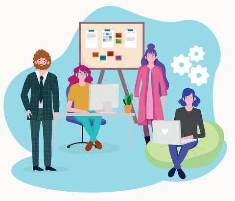 People working using laptop computer and board presentation office Stock Illustration