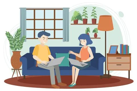 People working using laptop flat design Stock Illustration