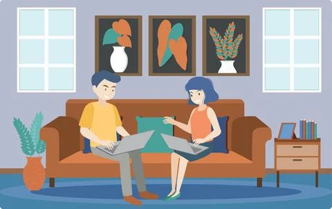 People working using laptop flat design at home 스톡 일러스트