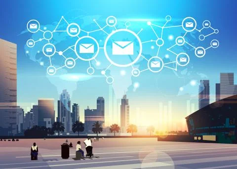 People world map chat envelope icon network futuristic interface online email Illustrazione stock