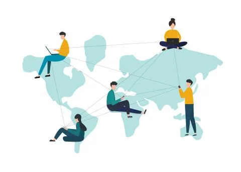 People on world map using gadgets to communicate online, white background イラスト素材