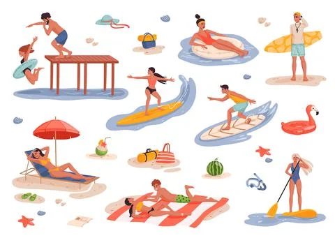Peoples activities on resort beach vector scenes Illustrazione stock