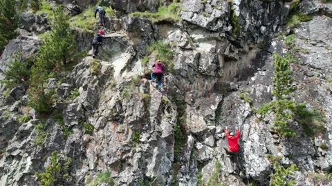 Peoples climbs on the green cliff Vidéo 217427402