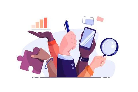 Peoples hands holding different tools Stock Illustration