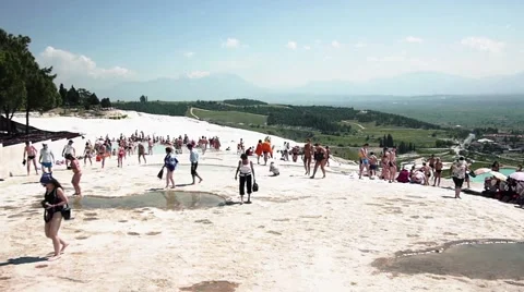 Peoples In Travertine Pools With Water Stock Footage 45017879