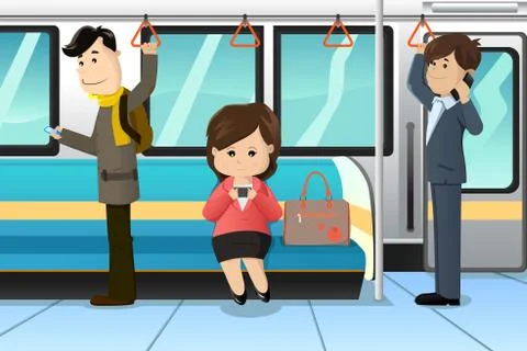 Peoples using cell phones in a train Stock Illustration
