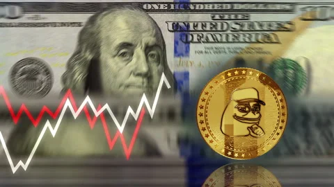 Pepe coin over 100 Dollar banknotes loop Vídeo Stock 282645700
