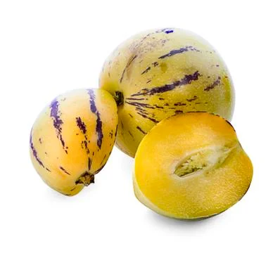 Pepino melon fruit isolated on white background with clipping path. Stock Photos