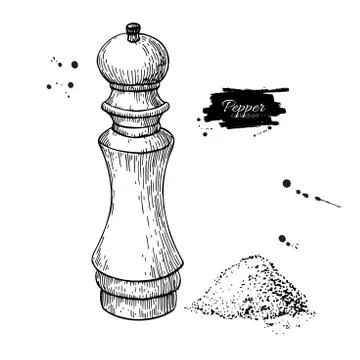 Pepper and salt mill vector drawing. Seasoning and spice grinder sketch. Black Stock Illustration