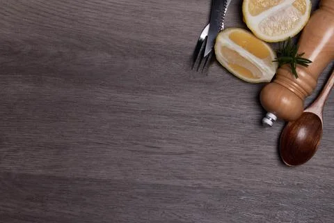 Pepper background lemon steak set gray Stock Photos