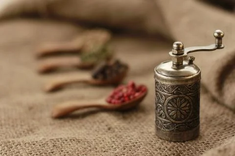 Pepper Blend spices small spoon on top sackcloth Stock Photos