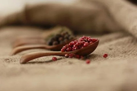 Pepper Blend spices small spoon on top sackcloth Stock Photos