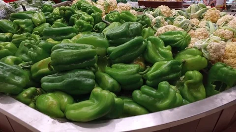 Pepper, cabbage on the counter in the supermarket. Stock Footage 77690007