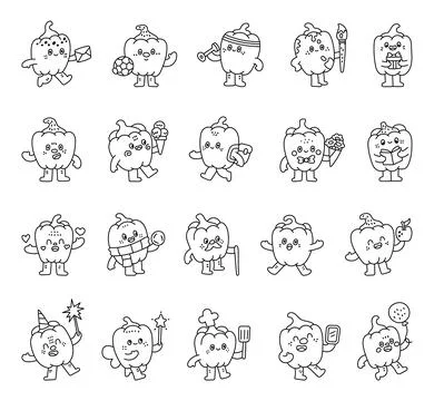 Pepper character set in outline line art Stock Illustration
