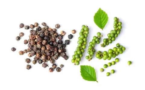 Pepper corn with leaf  isolated on white background Stock Photos
