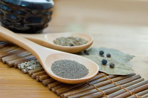 Pepper, cumin and bay leaf Stock Photos