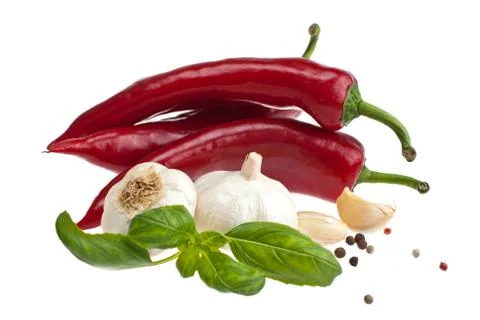 Pepper, garlic, basil. Stock Photos