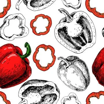 Pepper hand drawn vector seamless pattern. Vegetable engraved artistic styl.. Illustrazione stock