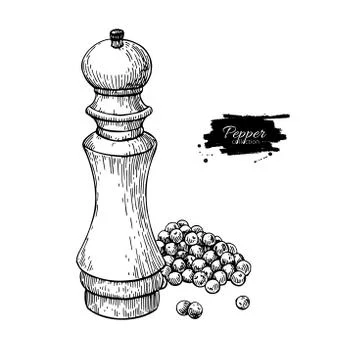 Pepper mill with heap of peppercorn vector drawing. Seasoning and spice grinder Stock Illustration