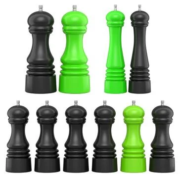 Pepper mills displayed in various shapes isolated on white background, kitc.. Stock Illustration