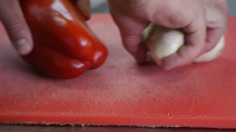 Pepper Mushrooms Put Cutting Board Stock Footage 78594331