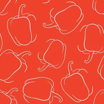 Pepper seamless pattern in line art style on red background. Perfect design for Stock Illustration